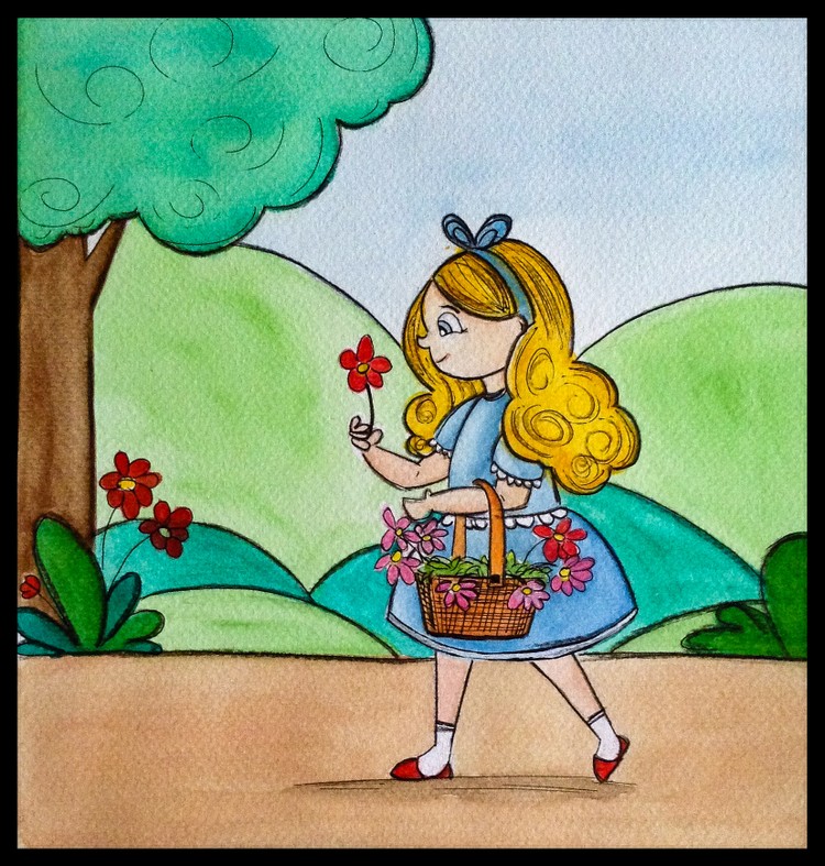 Goldilocks walking through her garden with flowers