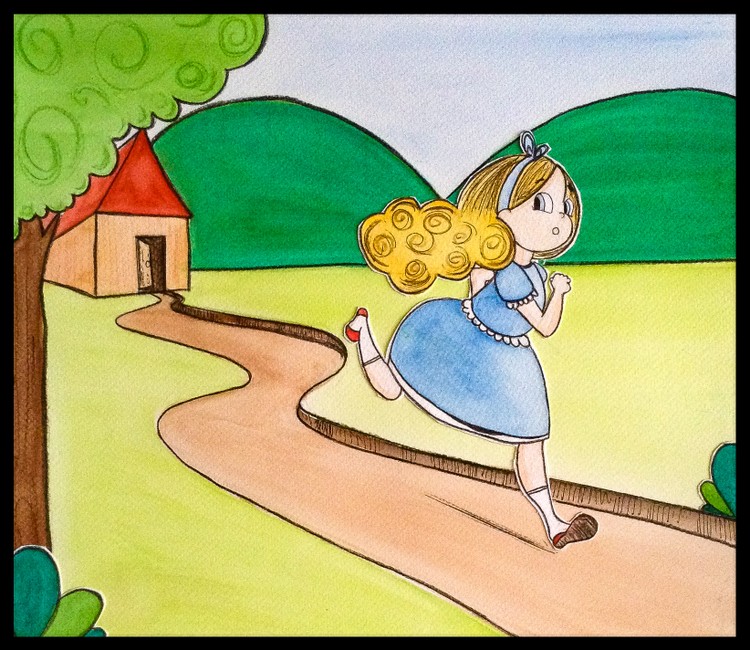 Goldilocks running from the three bears house